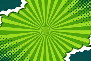 Green comic book radial burst with halftone dots and cloud border for dynamic background designs