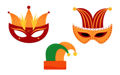 Colorful masks and hat for festive celebrations in vibrant designs