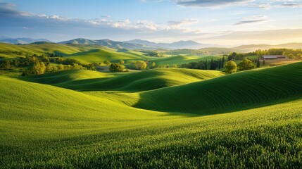 Obraz premium Green rolling hills of fields under a bright summer sky