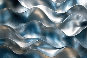 Obraz premium Abstract image of undulating metallic waves, gleaming with a cool, silver-blue sheen.