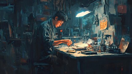 A Painter's Nocturne: Illuminated Focus and Artistic Passion