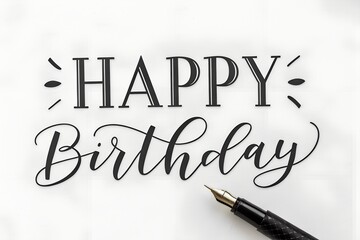 Happy Birthday greeting card handwritten with fountain pen on white background for special day celebration