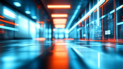 Futuristic corridor, glowing lights, digital screens, data center background, tech concept