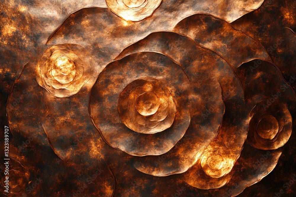 Poster abstract metallic art with swirling, concentric rose-like patterns in bronze and copper tones.