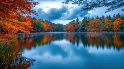 Fototapeta premium A serene reflective lake surrounded by vibrant colorful autumn trees