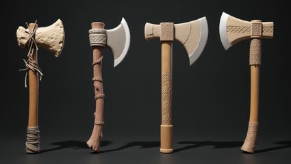 Collection of Four Ancient Stone and Wooden Axes Medieval Viking and Primitive Designs