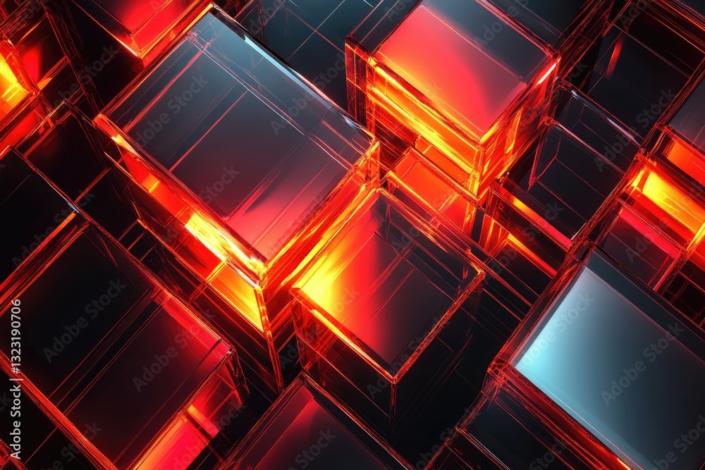 Aufkleber Abstract 3D rendering of glowing red and orange glass cubes, creating a dynamic and futuristic visual.