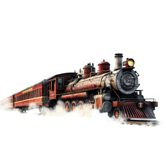 Obraz premium A vintage steam locomotive with a passenger car, emitting steam and smoke.