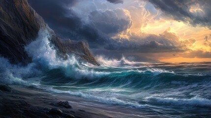 Dramatic ocean waves crash against a rugged coastal cliff edge