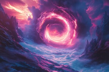A swirling vortex of vibrant pink and purple energy dominates a dramatic, rocky landscape under a fiery sky.