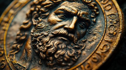 Golden Legacy: A close-up view of a golden, ancient-style medal, showcasing the intricately detailed face of a historical figure, evoking a sense of valor, history, and the passage of time.