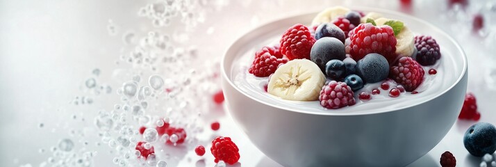 A fresh yogurt bowl with bananas, raspberries, and blueberries on a white background with a scientific molecular representation