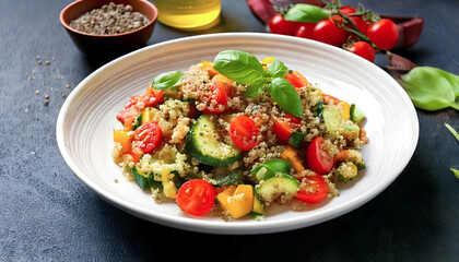 Vibrant zucchini and quinoa salad with cherry tomatoes, fresh basil, and a light