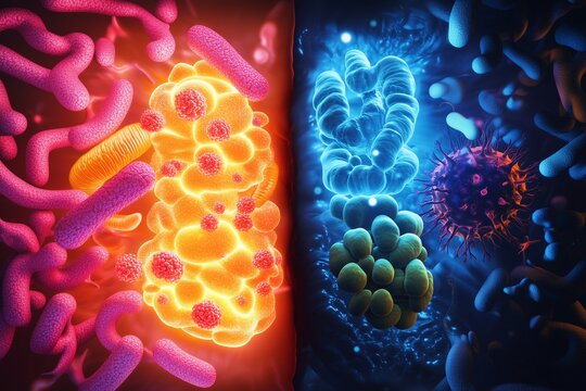 A highly detailed visualization of contrasting microbiomes, with one side filled with warm-toned bacteria and the other with cool-toned microorganisms, symbolizing gut health and disease