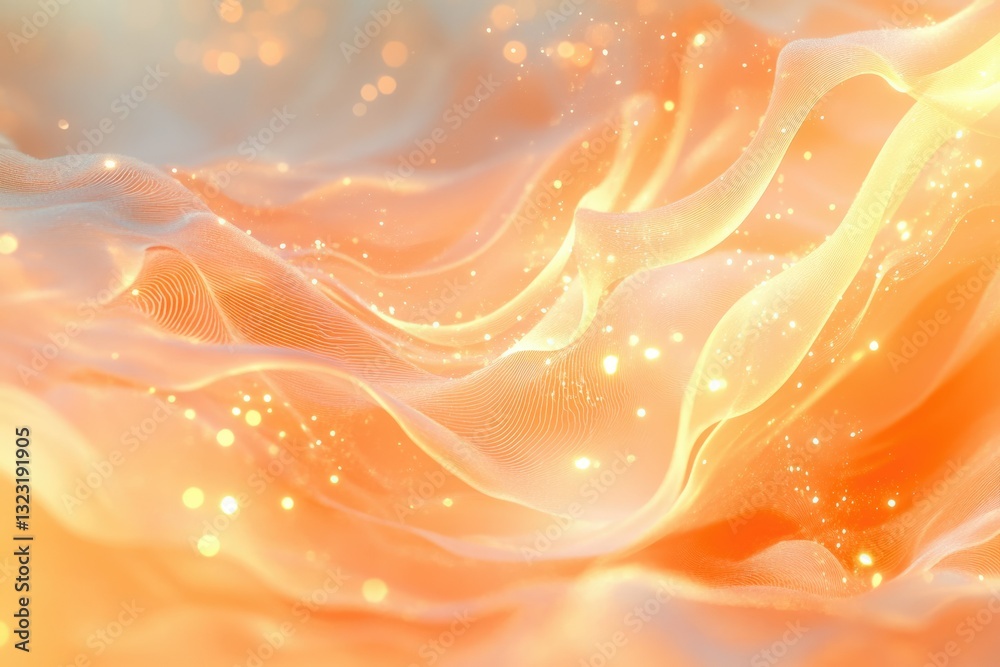 Poster Abstract orange waves with glowing particles, creating a dreamy and ethereal visual effect.