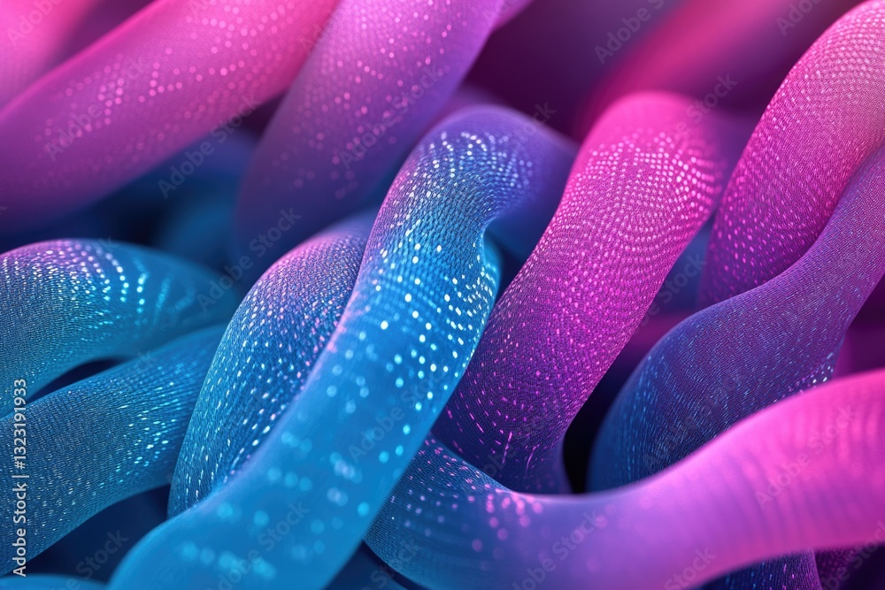 Poster Abstract image of intertwined, glowing blue and pink strands, textured with tiny dots, creating a mesmerizing visual effect.
