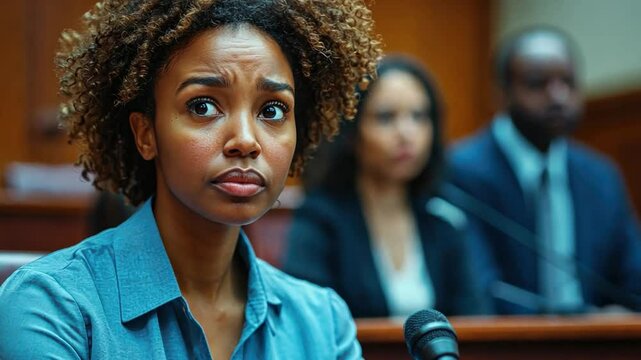 Intense Testimony: A courtroom scene captures a young woman's apprehensive expression as she testifies, conveying the weight of truth and justice.