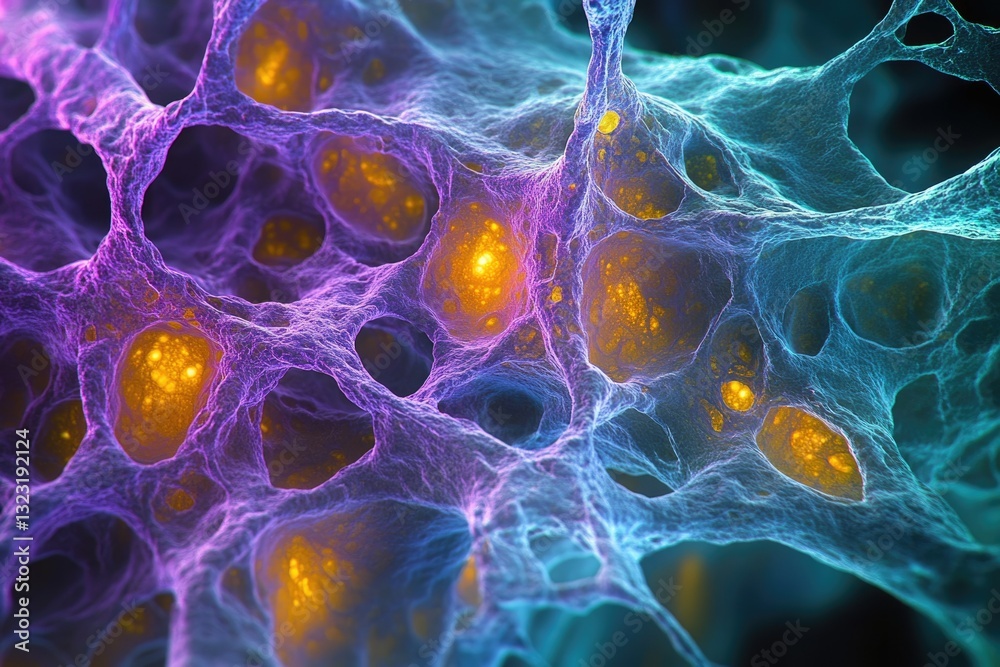 Aufkleber Microscopic image showcasing a complex network of interconnected cells with glowing nuclei, possibly representing a neural network or similar biological structure.