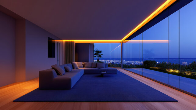 Contemporary living room with a stunning view featuring zigbee smart devices for a harmonious ambient environment