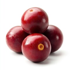 Obraz premium Four ripe red cranberries stacked on white background.