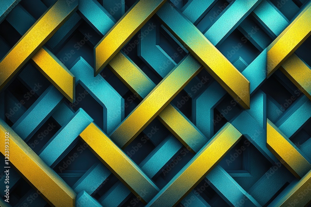 Fototapete Abstract geometric pattern with intersecting teal and gold bars creating a complex, interwoven design.