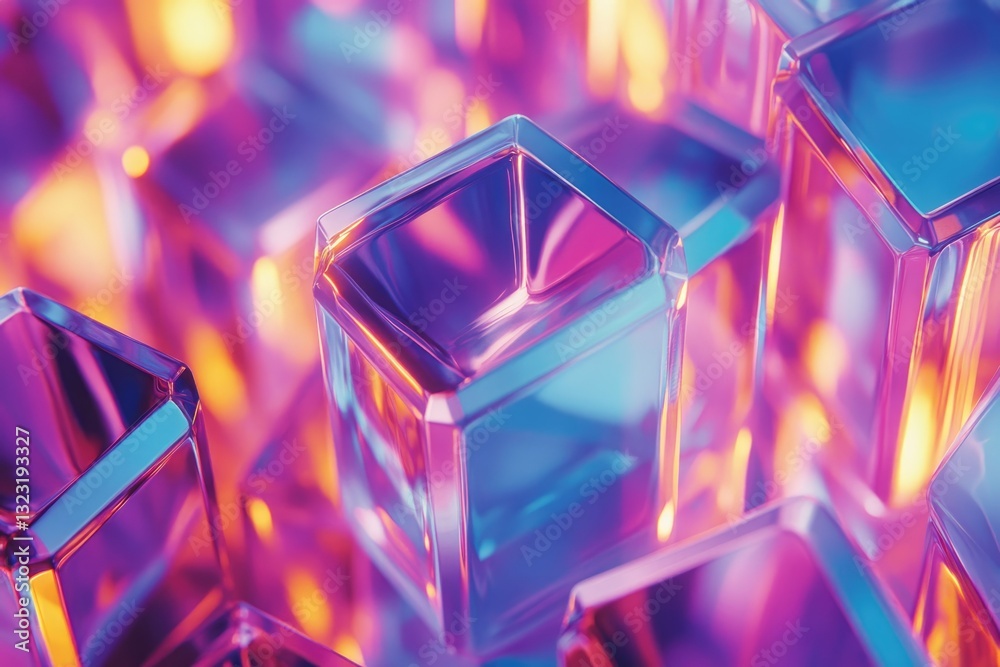Poster close-up of vibrant, iridescent glass cubes reflecting neon lights, creating a dazzling abstract ima