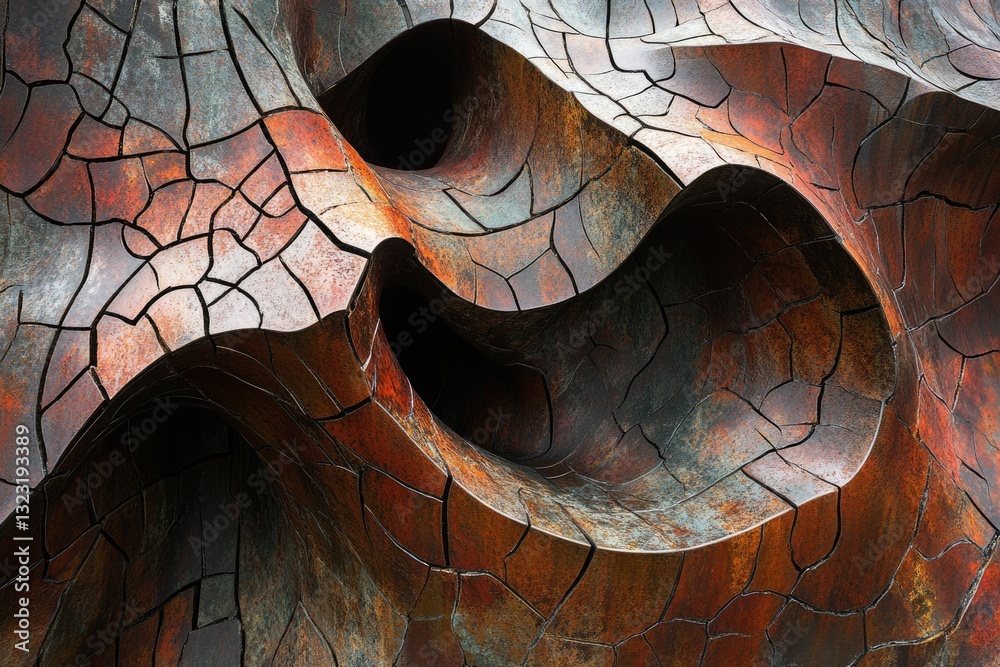 Poster abstract sculpture with cracked, rusty texture; organic, flowing forms create a visually arresting p