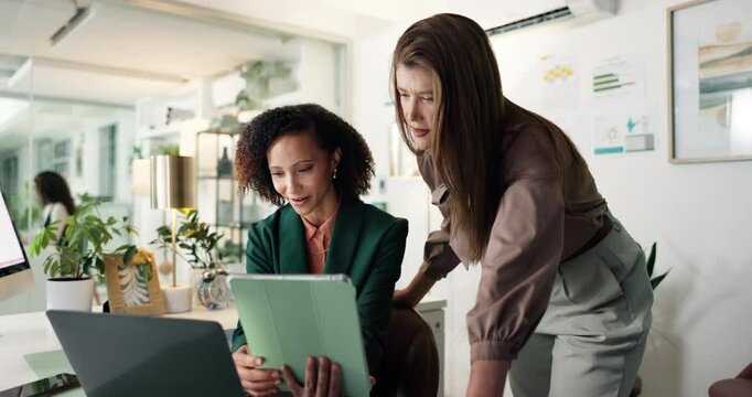Office, collaboration and women with tablet, smile and colleagues with tech for project and helping. Teamwork, review and proofreading of article on website, journalist or people with app in newsroom