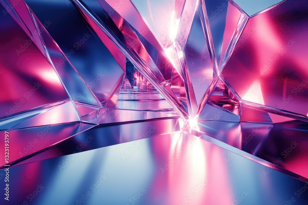 Poster abstract 3d rendering of a futuristic, vibrant pink and blue crystal structure with reflective surfa