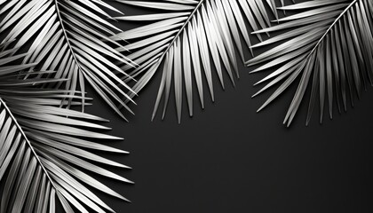 Seamless symmetrical silver palm leaves on matte black, refined Art Deco botanical pattern, sophisticated 1920s-inspired high-end elegance