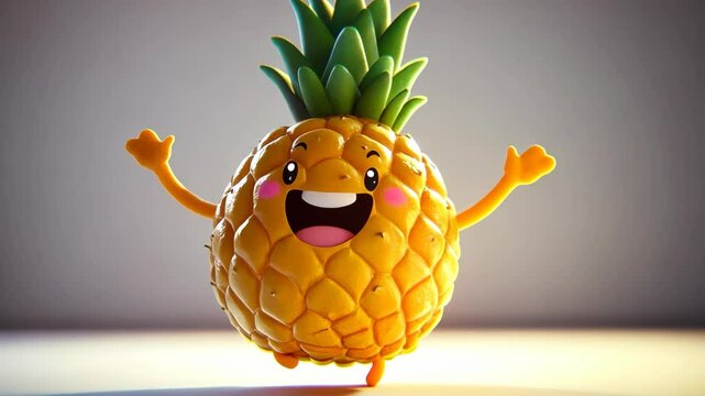 Happy cartoon pineapple character with arms raised in celebration against a soft background
