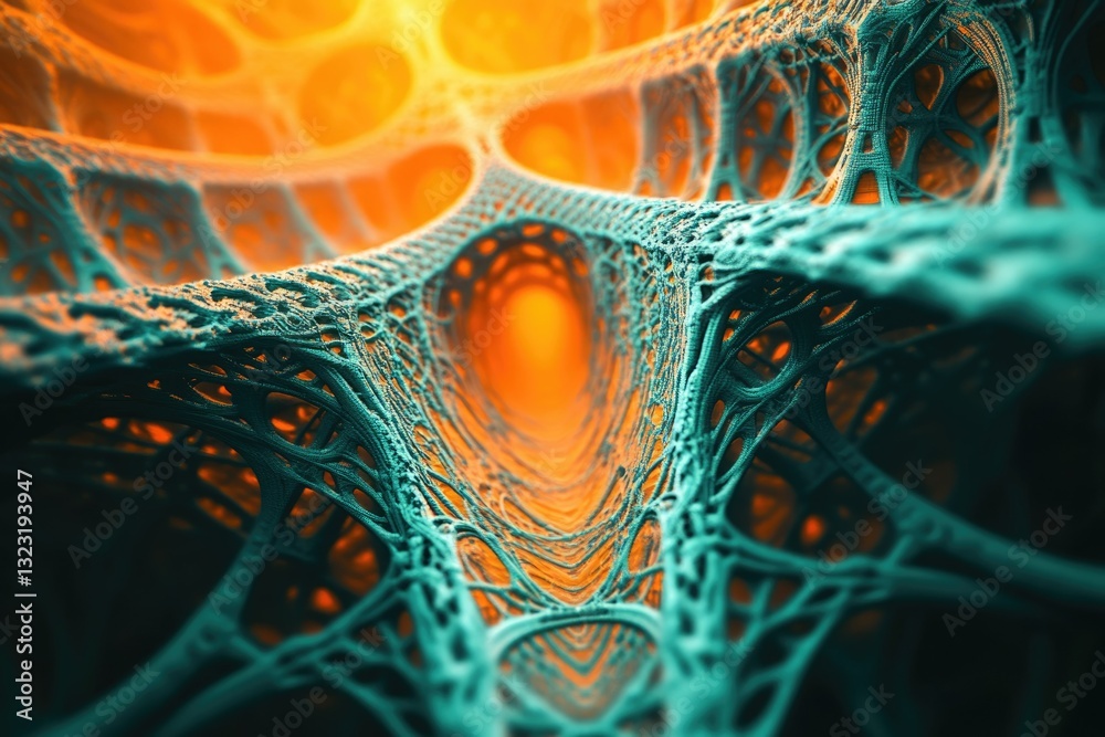 Aufkleber intricate teal network forming a tunnel-like structure with vibrant orange glow.