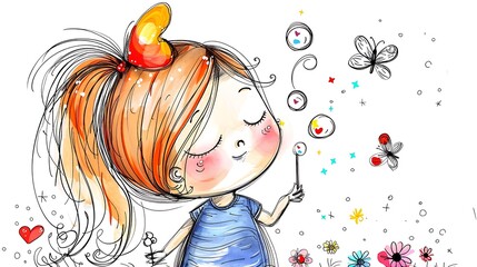 A cute cartoon girl with a bubble wand, blowing bubbles with a delighted expression, drawn in a colorful simple line drawing style on a plain white background, 8k UHD, suitable for high-quality 