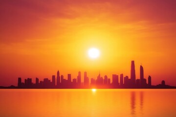 Obraz premium City skyline under intense sun highlights urban heat island effect and rising temperatures