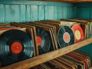 Vintage vinyl records on wooden shelves in retro shop