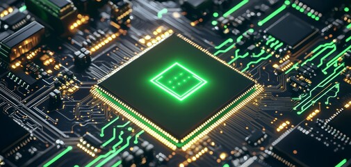 A futuristic eSIM microchip glowing in neon green, embedded on a high-tech circuit board, symbolizing advanced digital connectivity