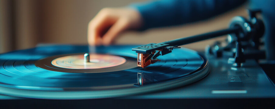 hand adjusting retro style record player with transparent cover