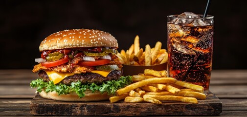 A tempting fast food meal with a giant cheeseburger stacked high with toppings, crunchy fries, and a refreshing cold drink on a rustic wooden table