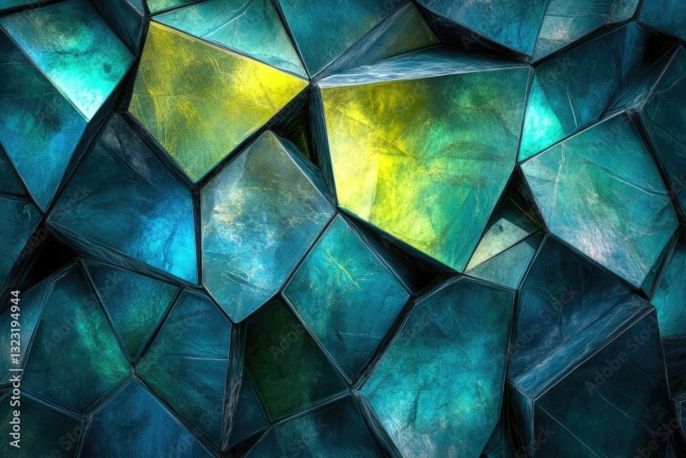 Poster Abstract 3D render of faceted turquoise and yellow gemstones, creating a mesmerizing geometric pattern.