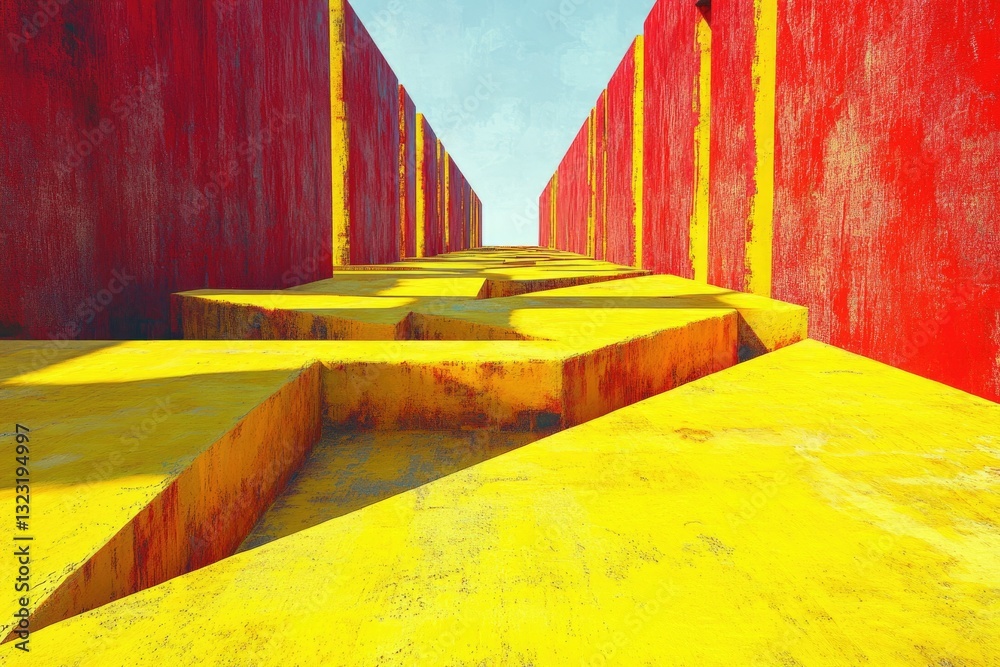 Leinwandbilder Abstract architectural rendering of a vibrant yellow and red pathway leading into a distant light.