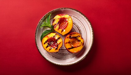 Fresh healthy grilled peaches in plate on red background