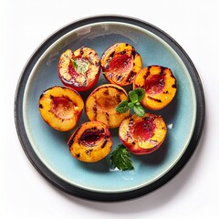 Fresh healthy grilled peaches in plate on white background