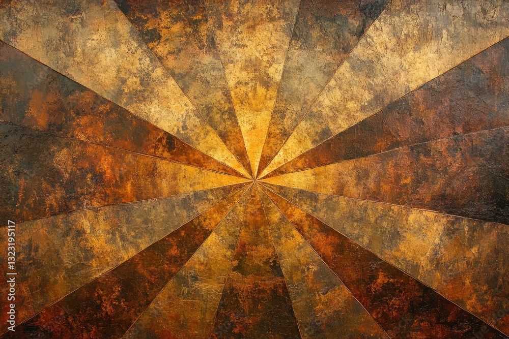 Poster abstract sunburst pattern with a textured, metallic gold and brown color palette.