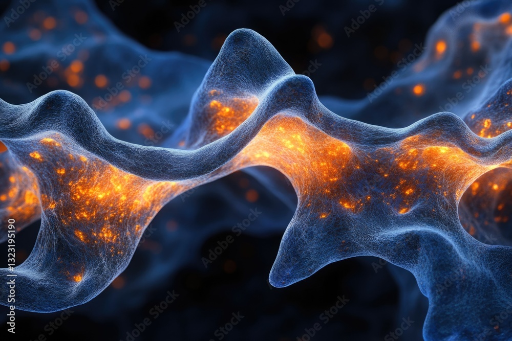 Poster Abstract 3D rendering of a flowing, network-like structure with glowing orange embers within a blue mesh.