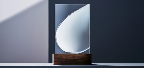A futuristic transparent glass award with a dark wooden platform, set against a dramatic gray background for a luxurious aesthetic