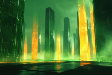 Obraz premium A futuristic city shrouded in mist, tall green and orange structures glowing mysteriously.