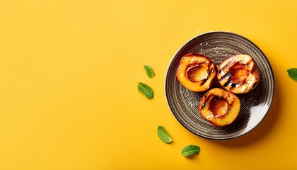 Fresh healthy grilled peaches in plate on yellow background