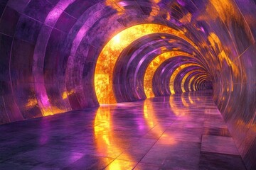 Obraz premium A mesmerizing purple and gold tunnel, futuristic architecture with vibrant lighting and reflective floors.