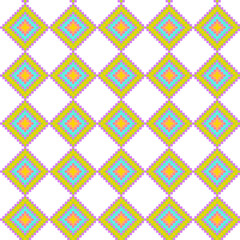 A vibrant geometric pattern of multicolored diamonds on a white background, featuring shades of pink, blue, yellow, and green.
