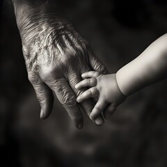 black and white close-up shot of an elderly person's hand clasped with a baby's hand. It evokes a sense of generational connection and the passage of time.
